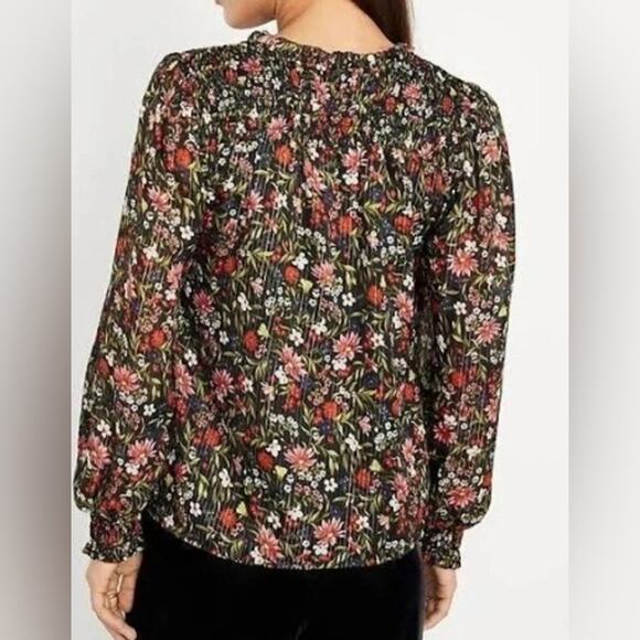 NWOT Old Navy Smocked Floral Metallic Shine Peasant Blouse in Black Multi SZ M - Picture 3 of 12
